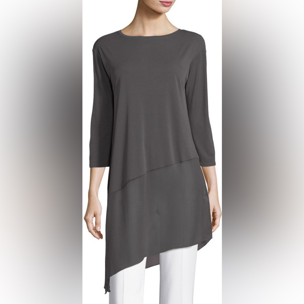 Eileen Fisher Bateau Neck Silk‎ Stretch Jersey Chiffon Hem Tunic Top Gray Size S